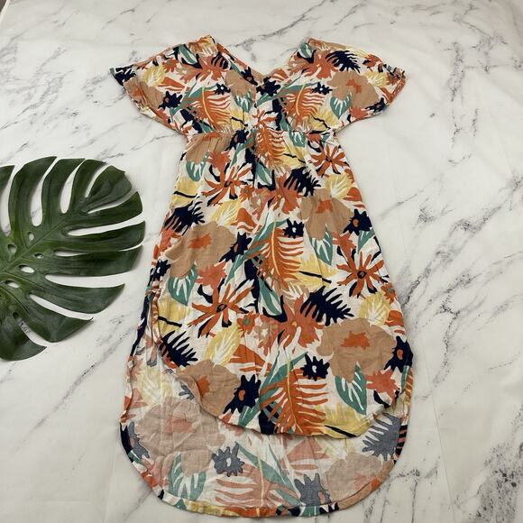Roxy Womens Floral Midi Dress Size M Orange Blue Tropical Sheath Cover Up - Picture 1 of 9